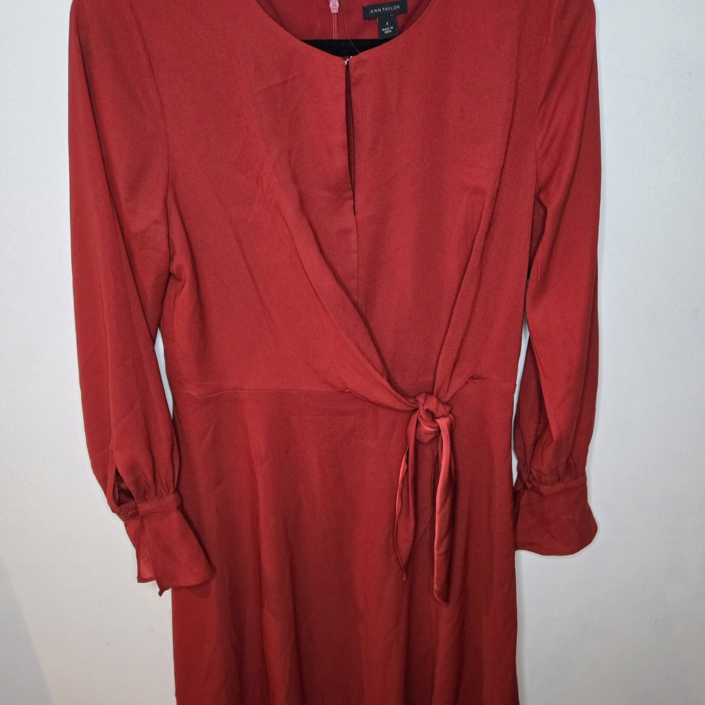 Ann Taylor Crimson Tie-Waist Long-Sleeve Dress